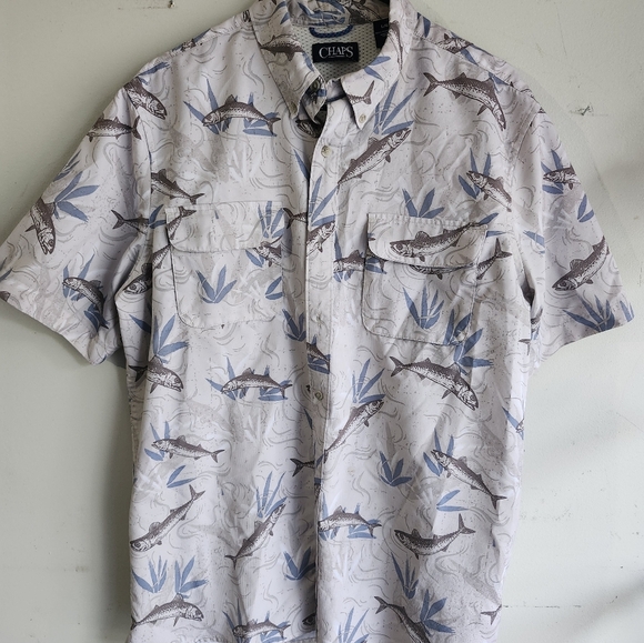 Chaps Size Large Men's Blue and Gray Shark Print Shirt - Picture 1 of 1